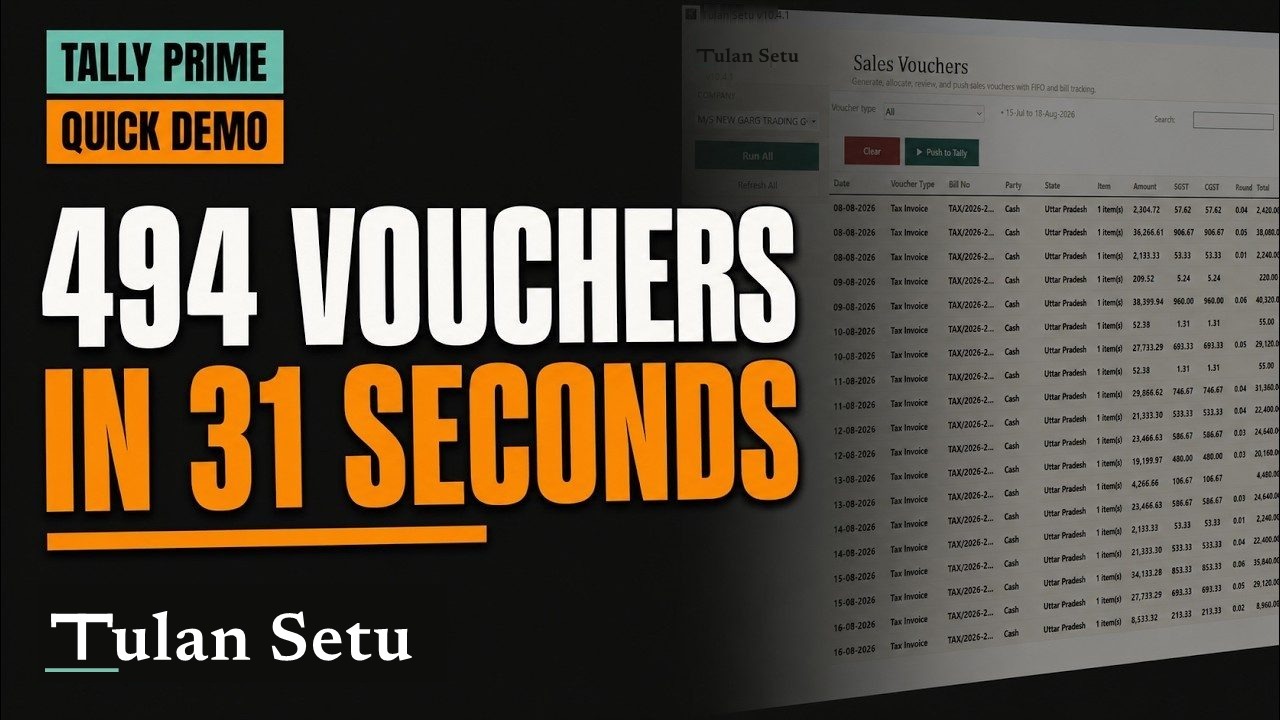 Tulan Setu demo — 494 vouchers pushed into Tally Prime in 31 seconds