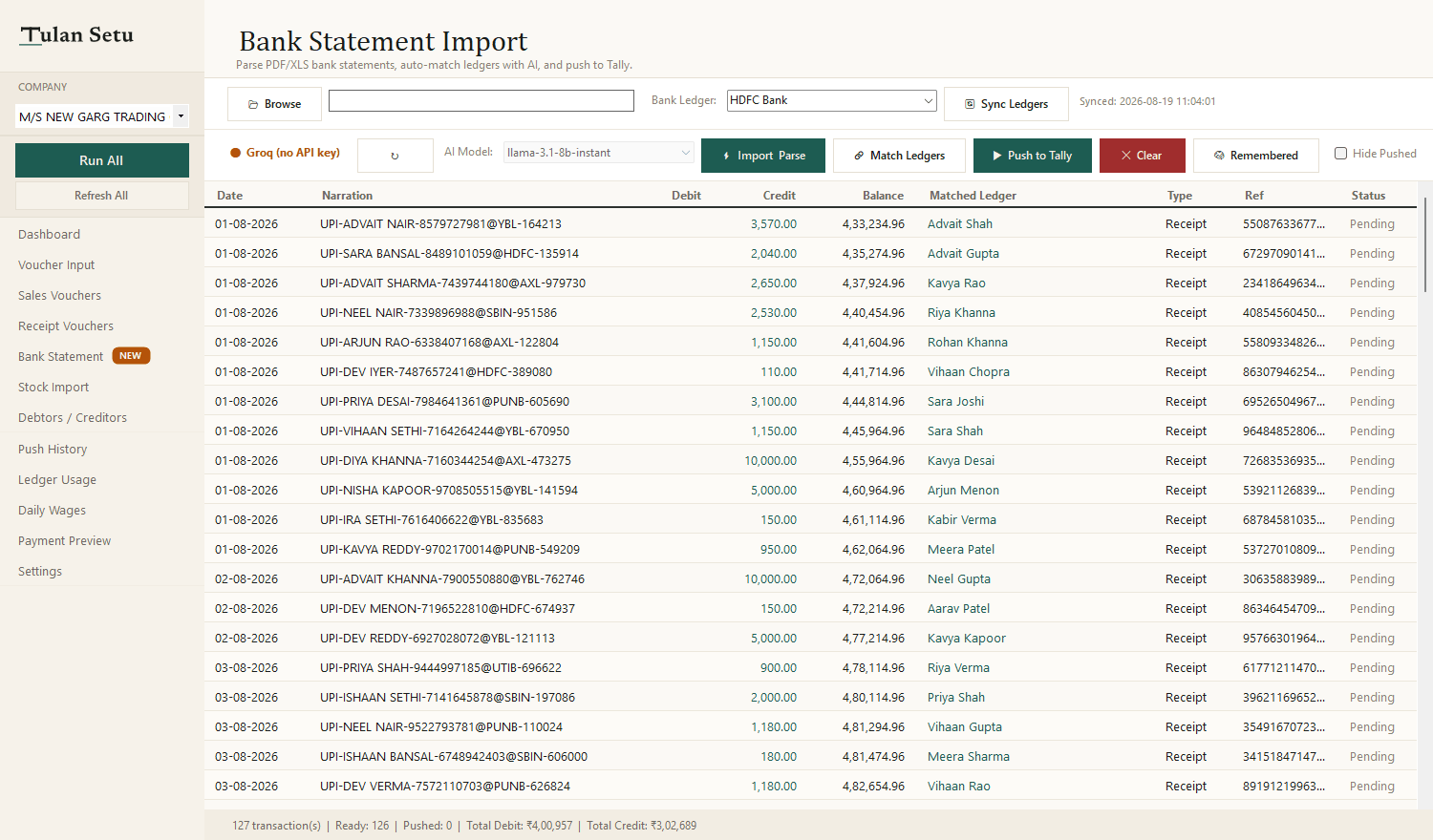 Bank Statement import in Tulan Setu: 127 UPI lines read from an Excel statement, each one matched to a Tally ledger and ready to push.